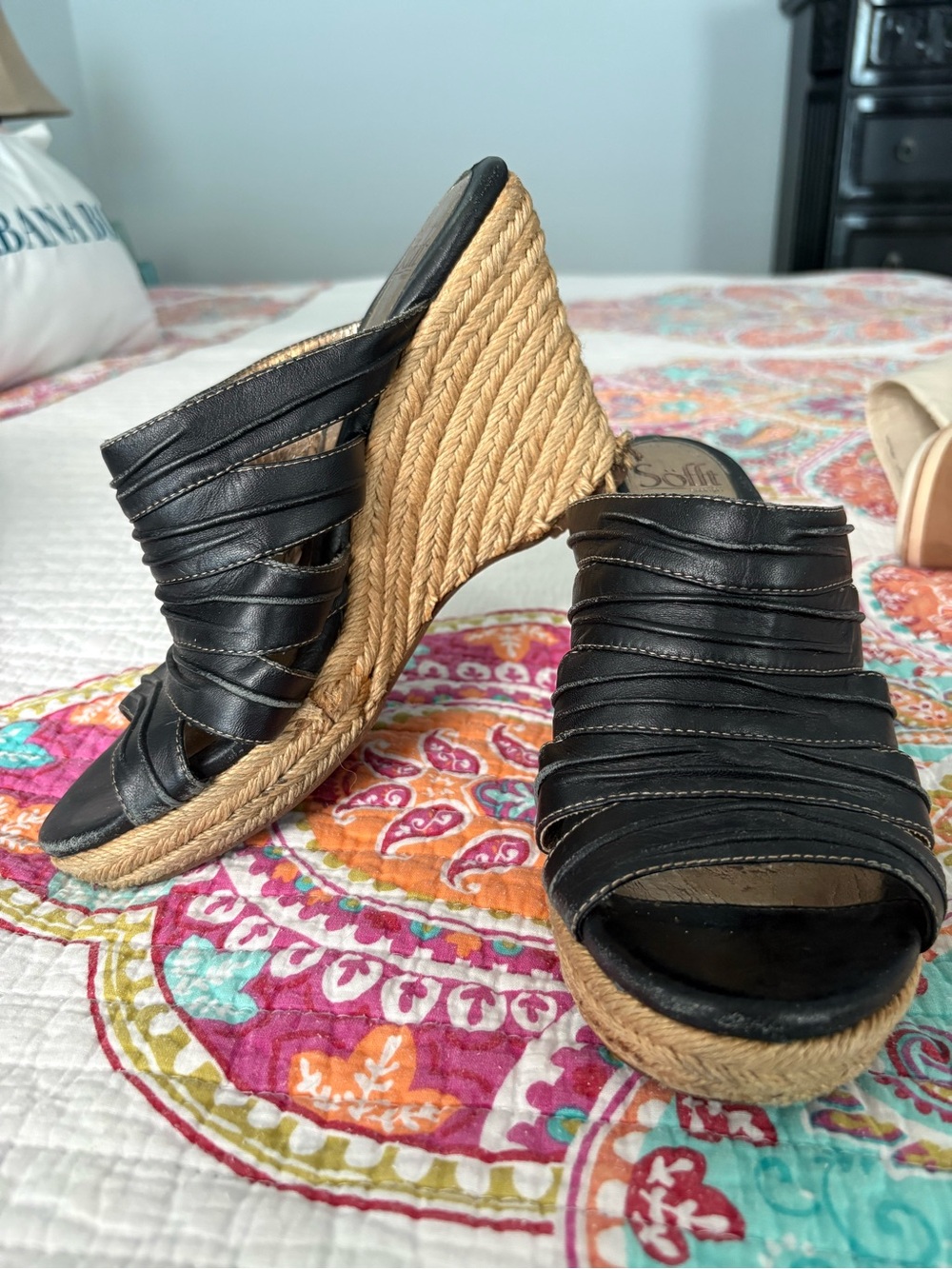 Sofft Black Leather Strappy Espadrille Wedge Sandals